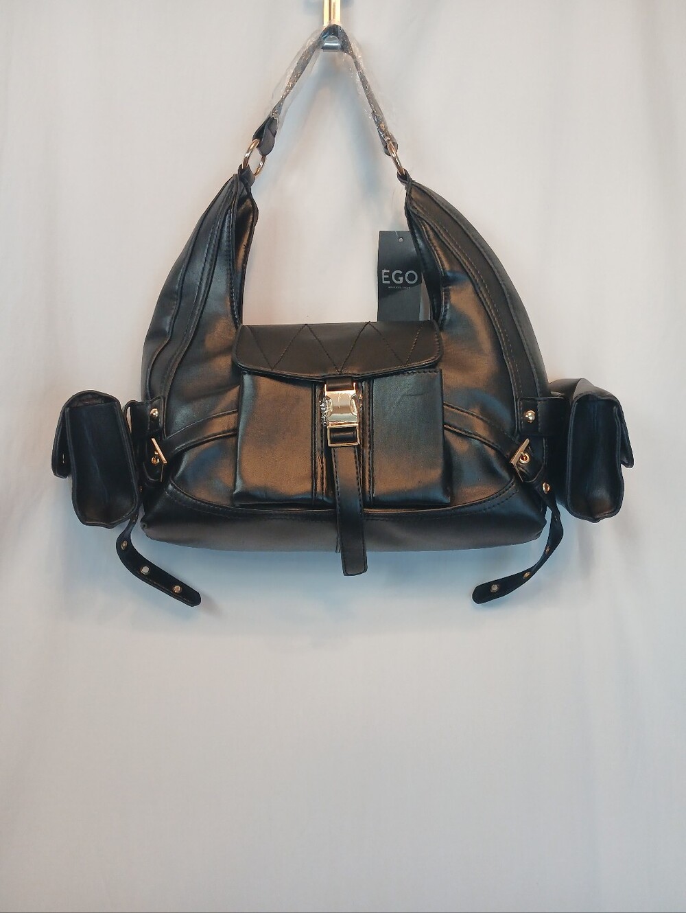 Black Faux Leather & Gold Baguette Shoulder Bag Purse With Pouches New!
